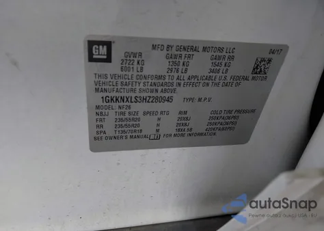 2017 GMC Acadia Denali z USA, uszkodzony, nr VIN 1GKKNXLS3HZ280945